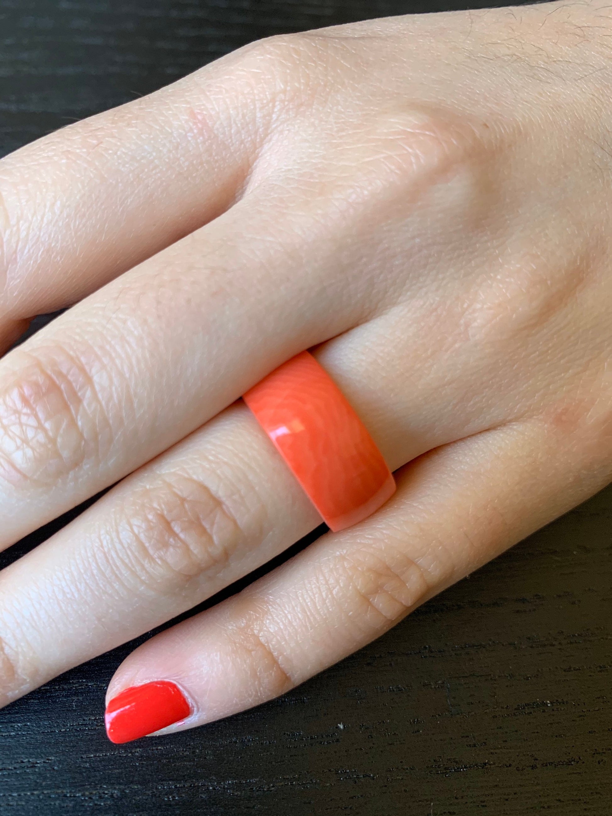 Salmon band ring Tagua jewelry Simple hand carved ring 10 mm Thick ring Fall wedding Beach wear Pink coral Plain ring for women her