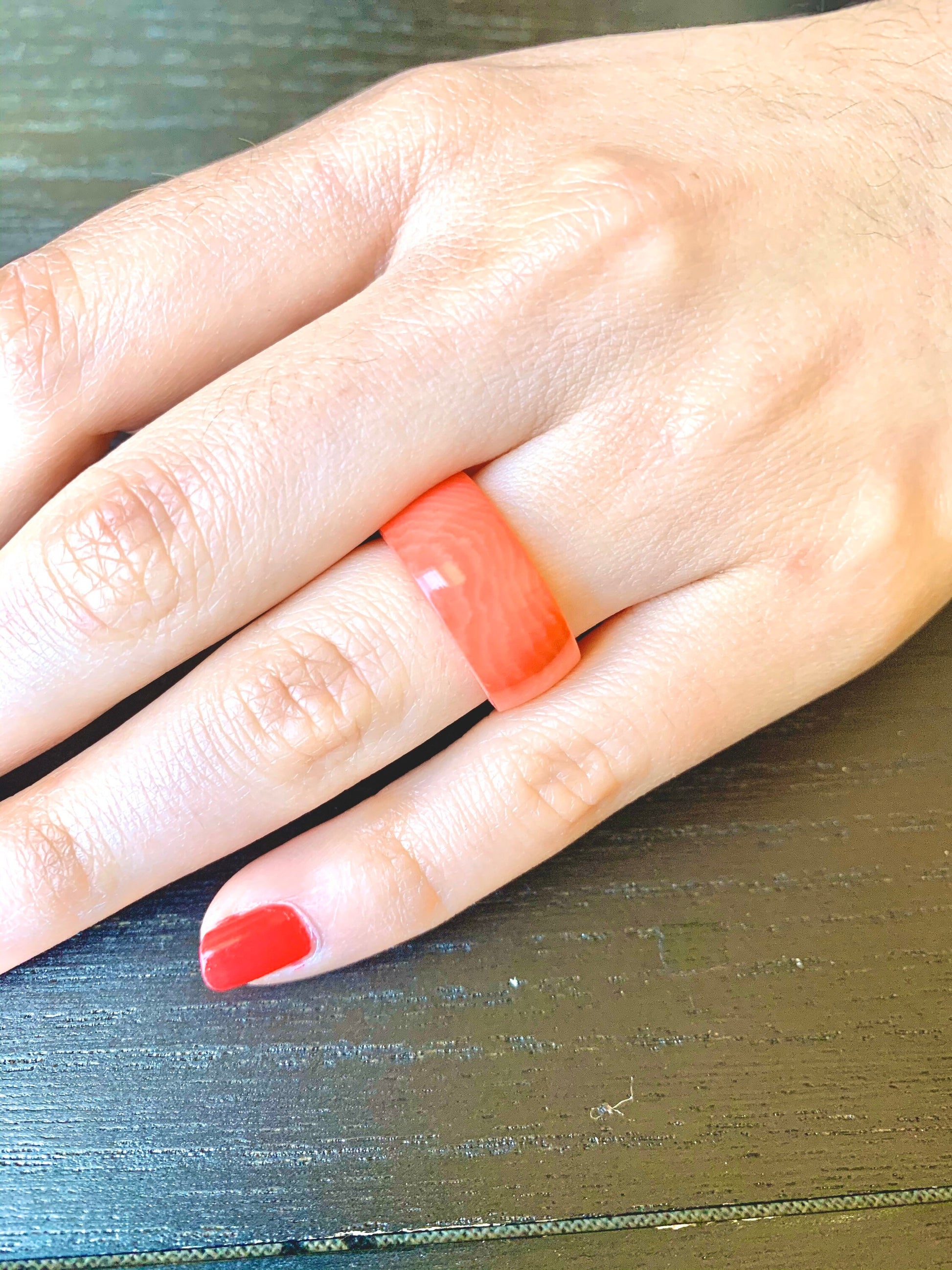 Salmon band ring Tagua jewelry Simple hand carved ring 10 mm Thick ring Fall wedding Beach wear Pink coral Plain ring for women her