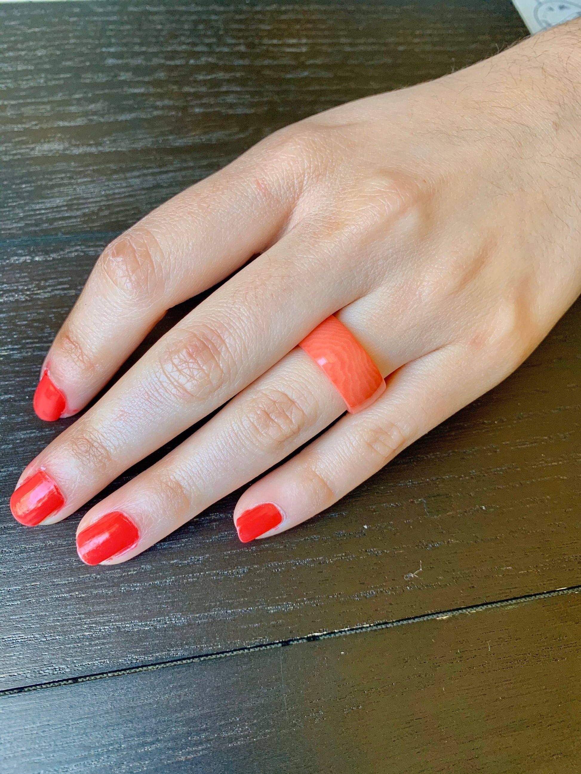 Salmon band ring Tagua jewelry Simple hand carved ring 10 mm Thick ring Fall wedding Beach wear Pink coral Plain ring for women her