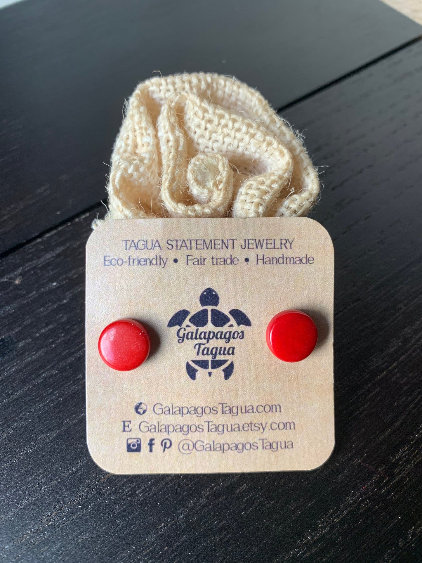 Red stud earrings Round beaded earrings Tagua jewelry Geometric button earrings Artsy gifts Small cute earrings Fall fashion Art to wear