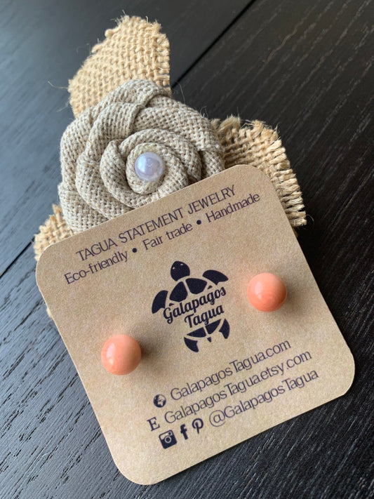 Peach ball stud earrings Circle handmade beads Geometric unusual post Tagua jewelry Button earring Sphere earring Summer fashion trends