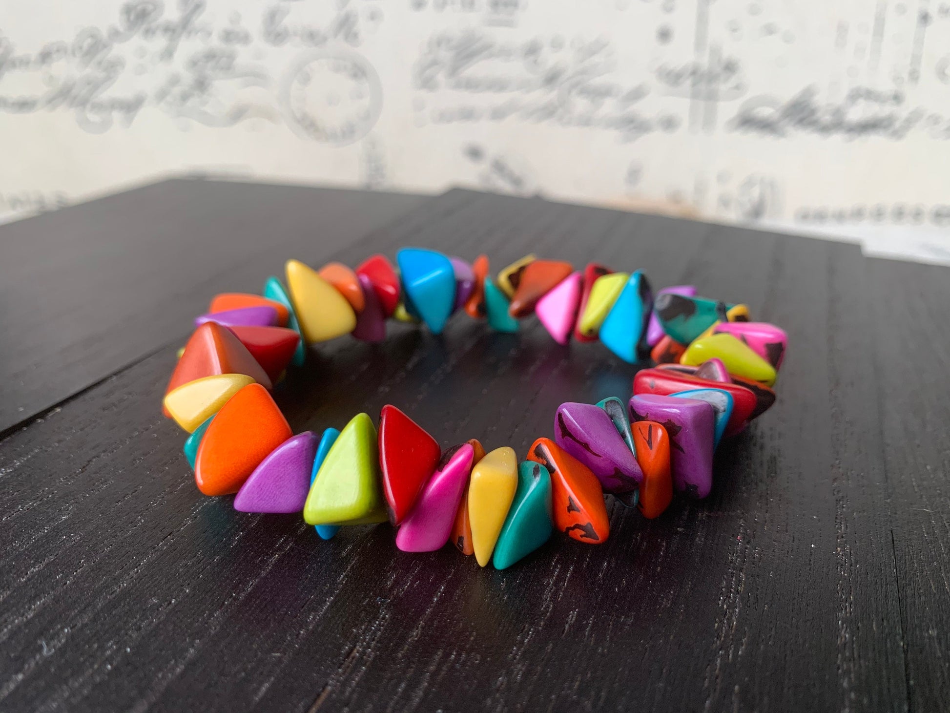 Rainbow beaded bracelet Tagua nut jewelry Pride bangle Artsy gifts Fun unusual bracelet Art to wear Stocking stuffers
