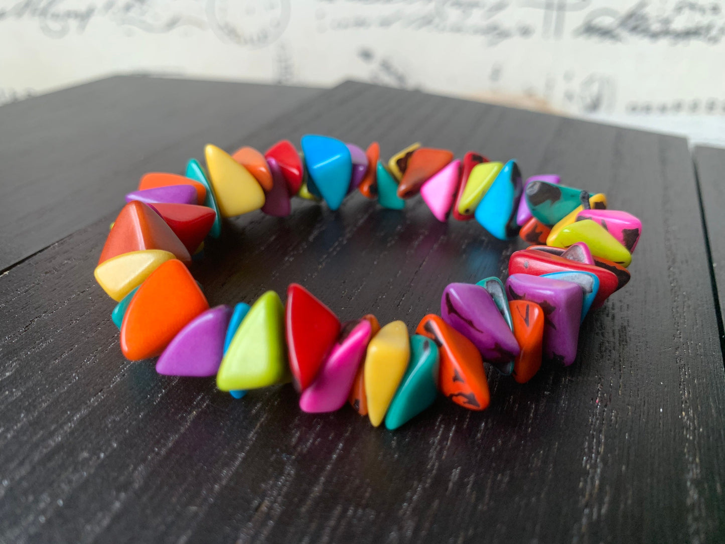 Rainbow beaded bracelet Tagua nut jewelry Pride bangle Artsy gifts Fun unusual bracelet Art to wear Stocking stuffers