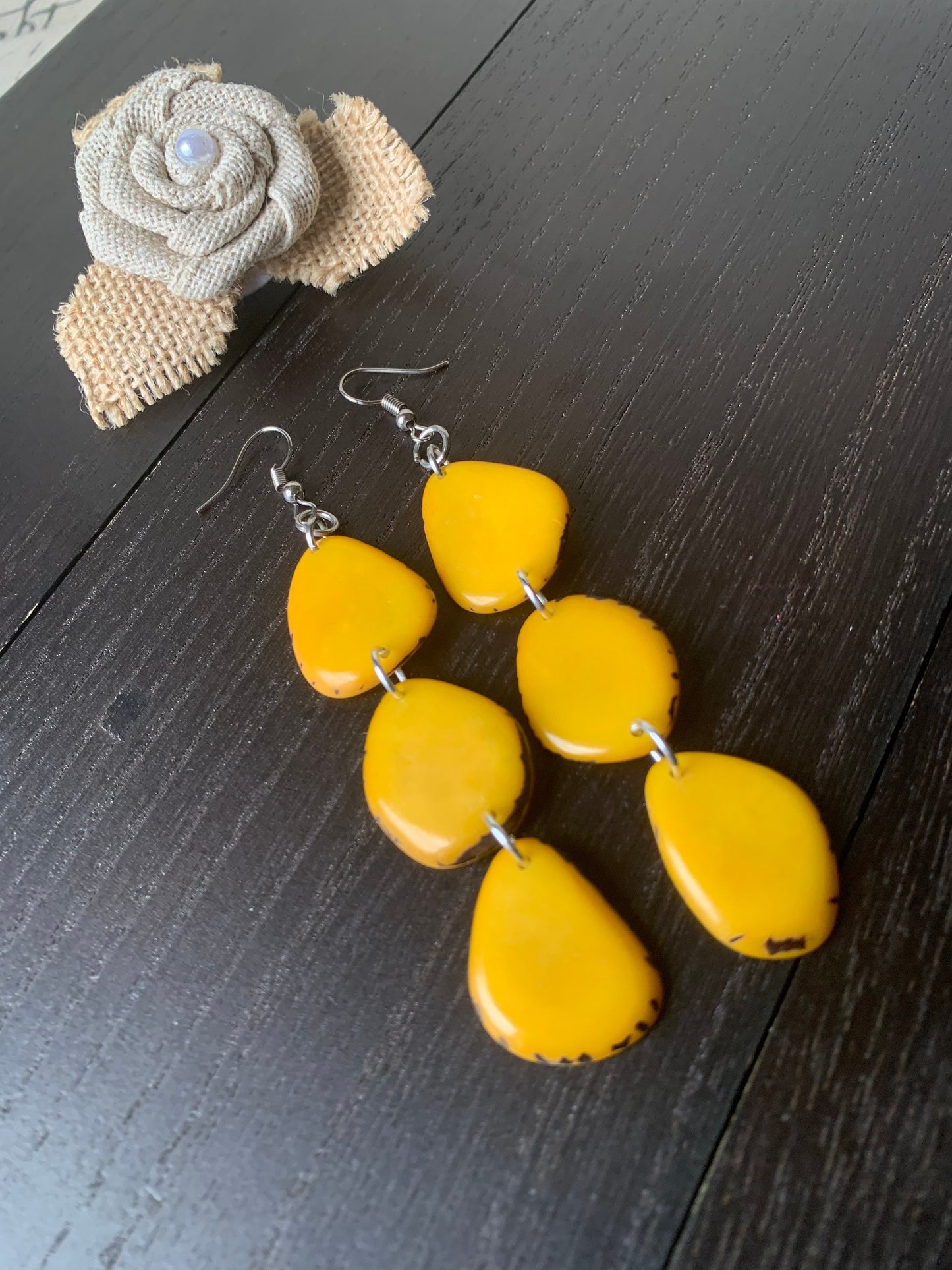 Long Yellow Tagua Nut Dangle Earrings: Boho Beaded Jewelry, Fall fashion