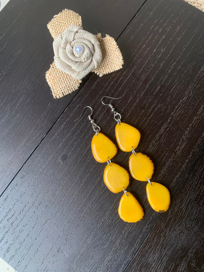 Long Yellow Tagua Nut Dangle Earrings: Boho Beaded Jewelry, Fall fashion