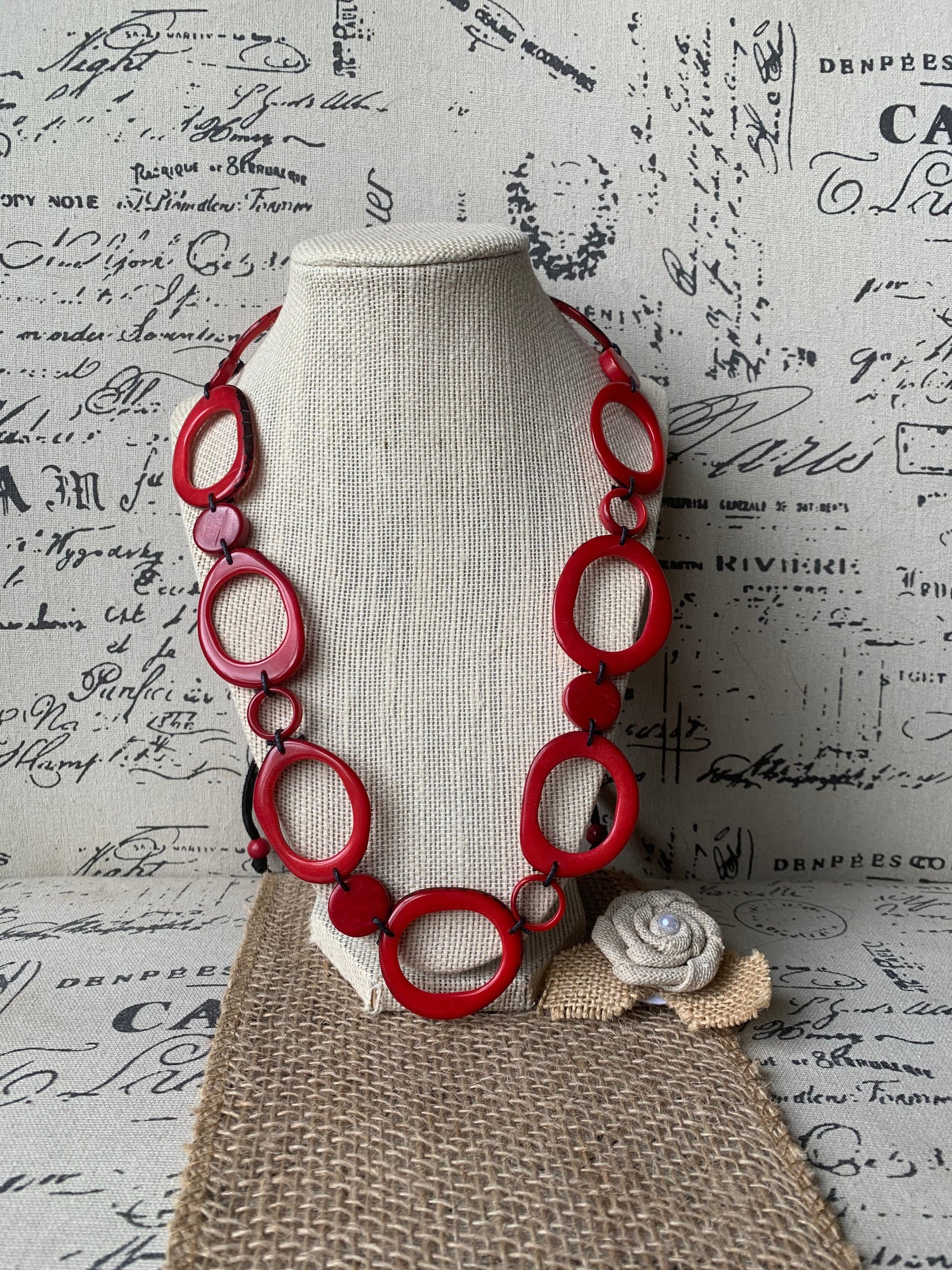 Red statement necklace Adjustable cord Tagua jewelry Wearable art Lightweight necklace boho Art to wear Beaded necklace Fall fashion