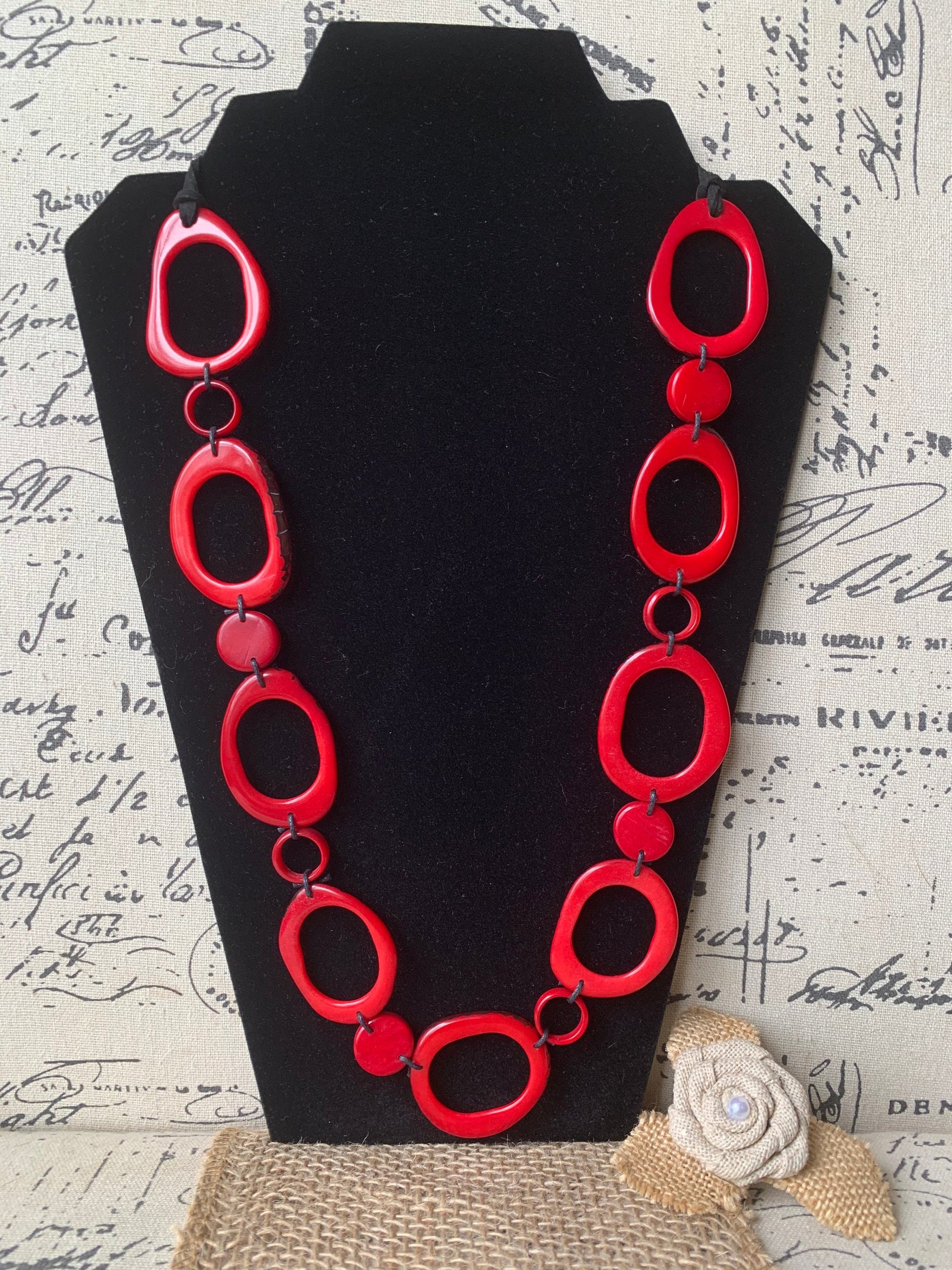Red statement necklace Adjustable cord Tagua jewelry Wearable art Lightweight necklace boho Art to wear Beaded necklace Fall fashion