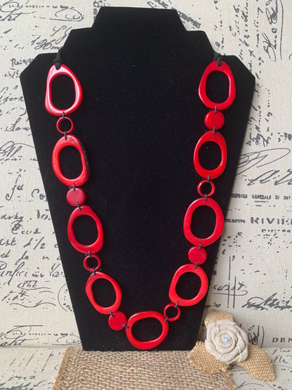 Red statement necklace Adjustable cord Tagua jewelry Wearable art Lightweight necklace boho Art to wear Beaded necklace Fall fashion