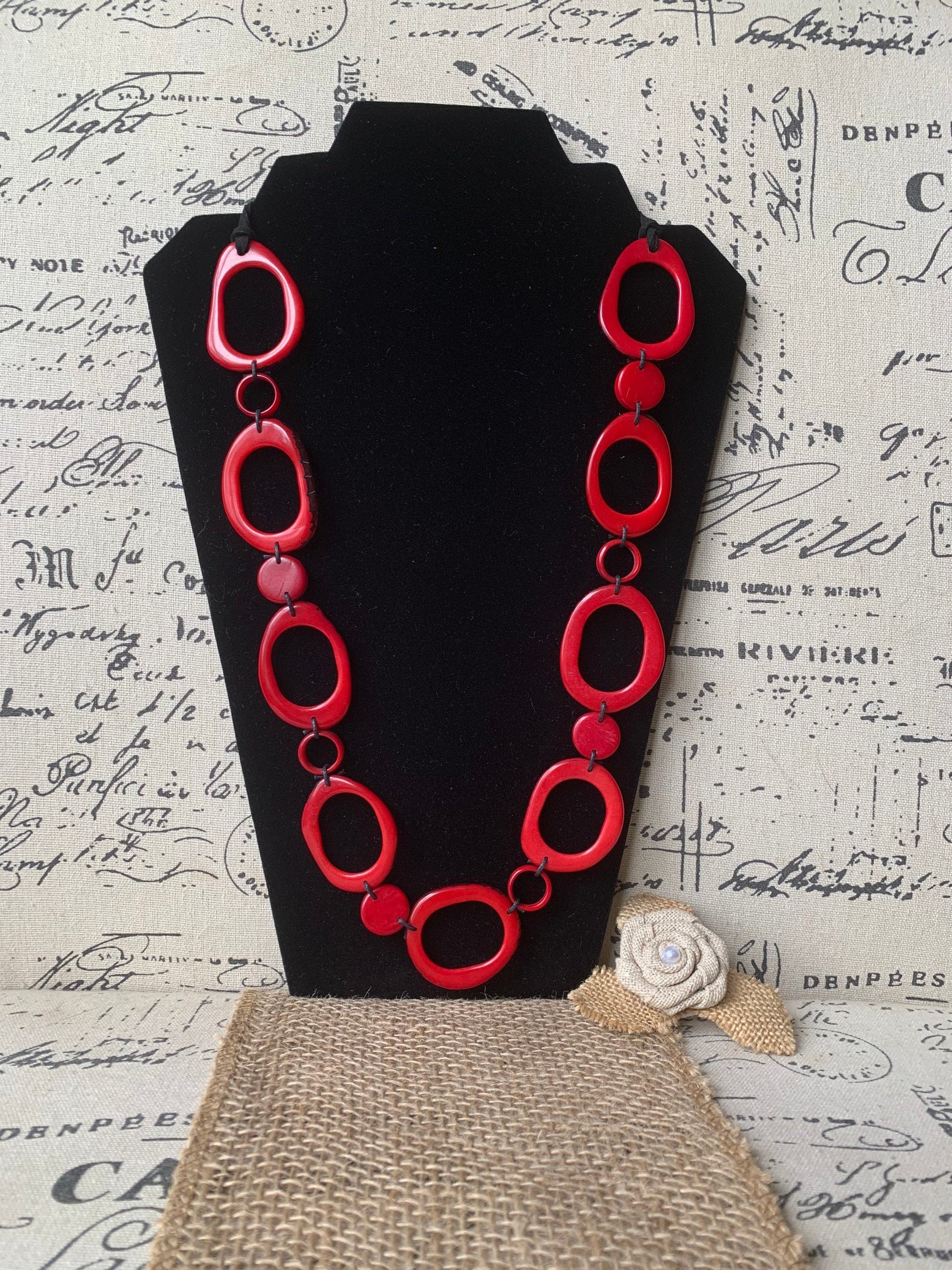 Red statement necklace Adjustable cord Tagua jewelry Wearable art Lightweight necklace boho Art to wear Beaded necklace Fall fashion