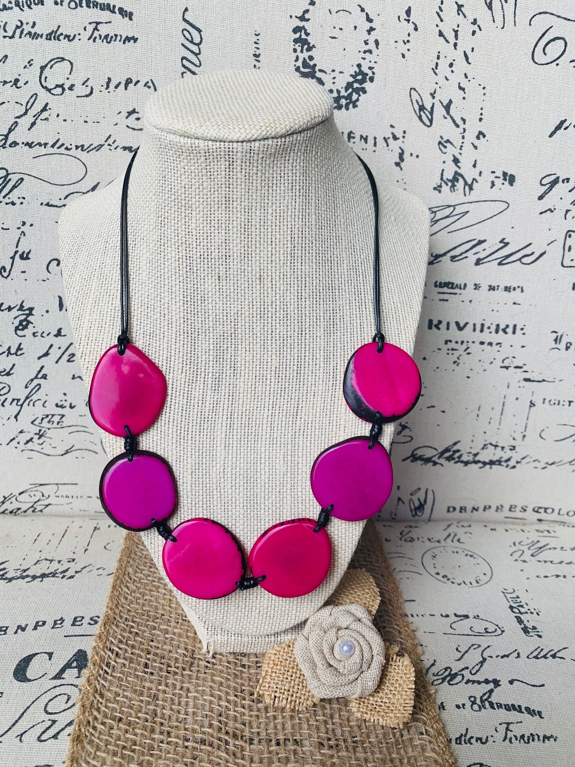 Pink beaded necklace Tagua necklace Fall fashion 2025s Wearable art Plain necklace Adjustable cord Plain jewelry Artisan handmade