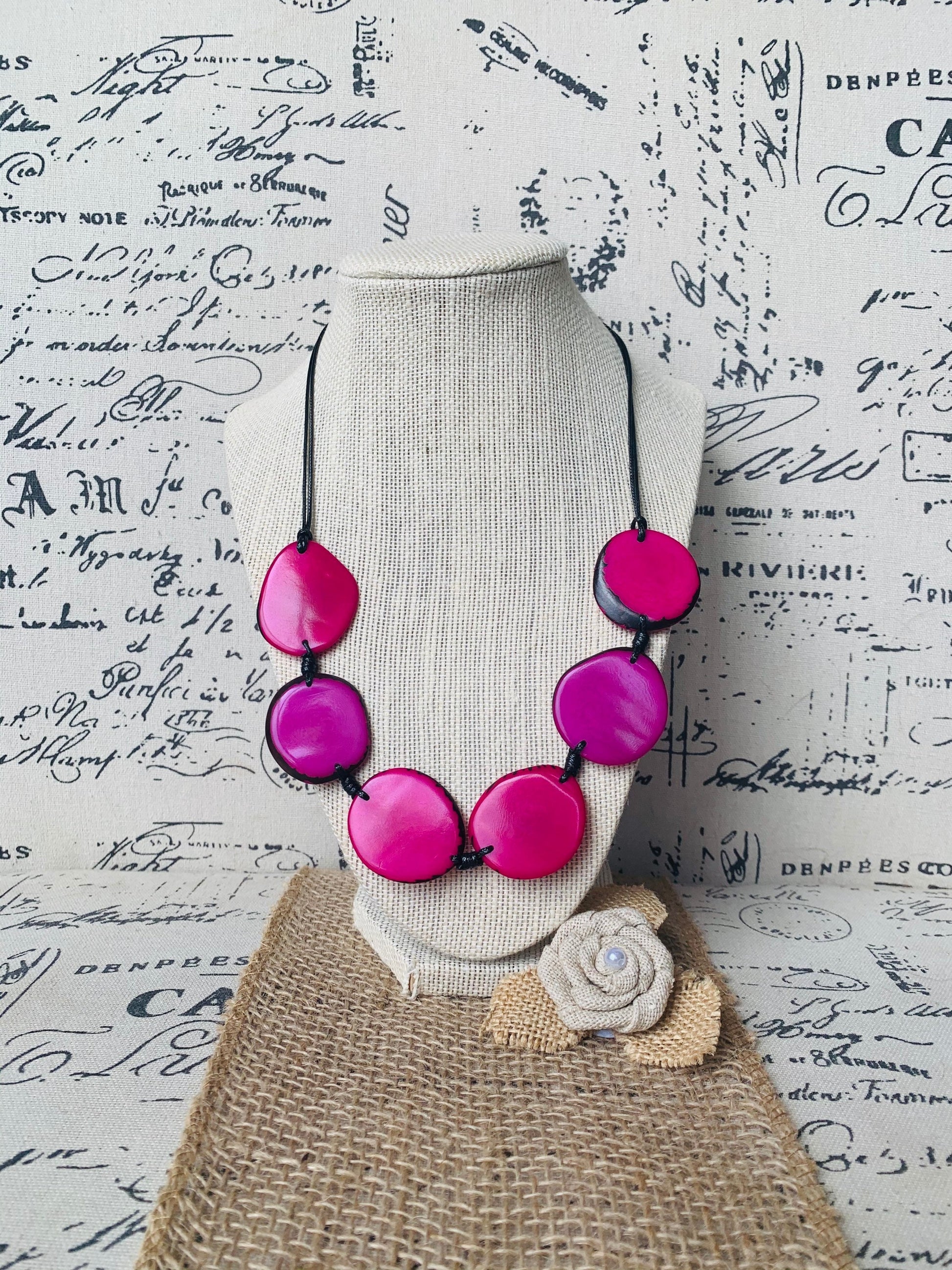 Pink beaded necklace Tagua necklace Fall fashion 2025s Wearable art Plain necklace Adjustable cord Plain jewelry Artisan handmade