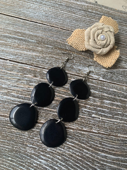 Black long beaded earrings Tagua jewelry Fall fashion Artsy gifts Dangling earrings boho Fall fashion 2025s Waterfall statement earrings