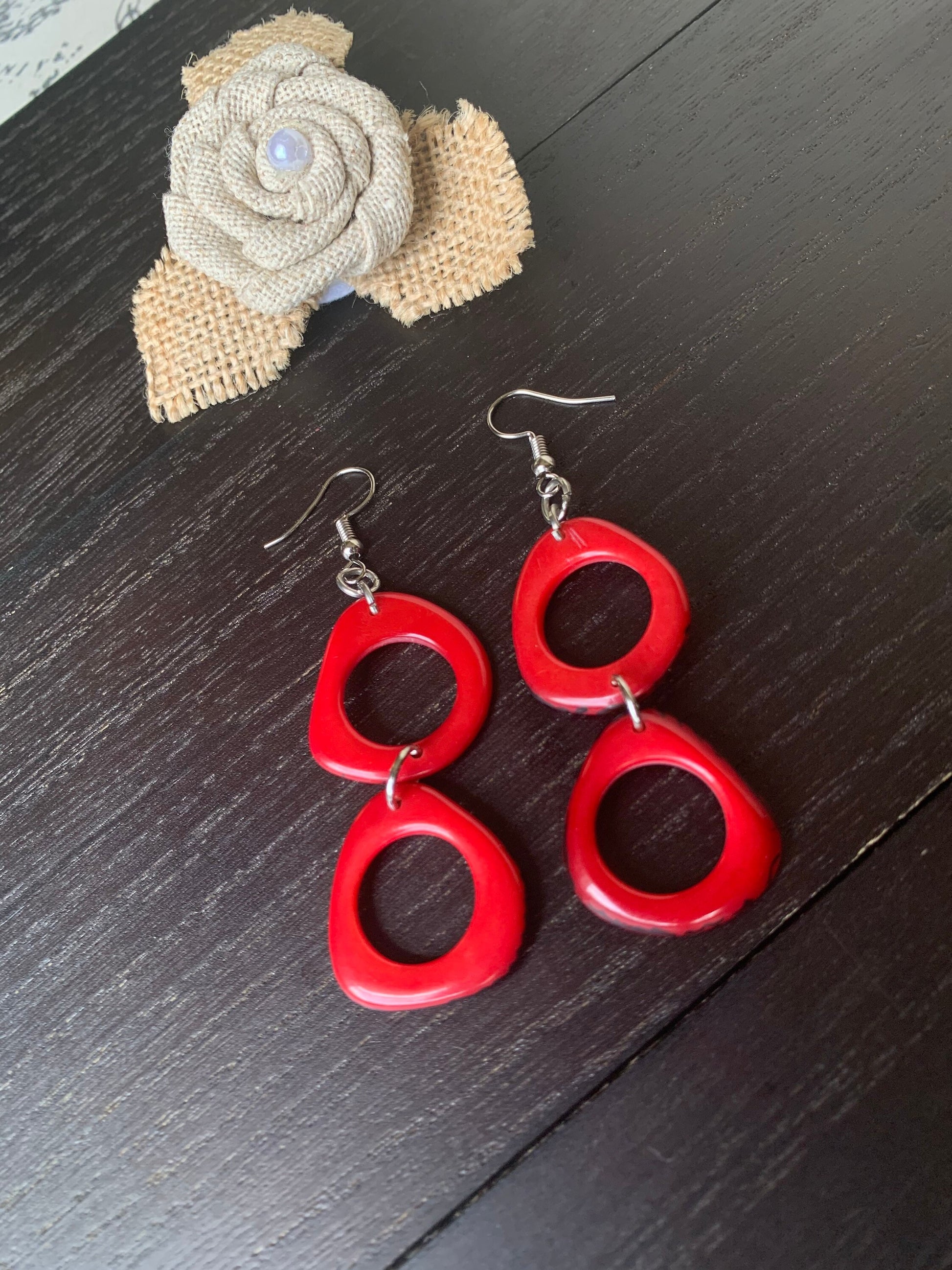 Red Tagua Nut Dangle Earrings: Handmade Organic Jewelry