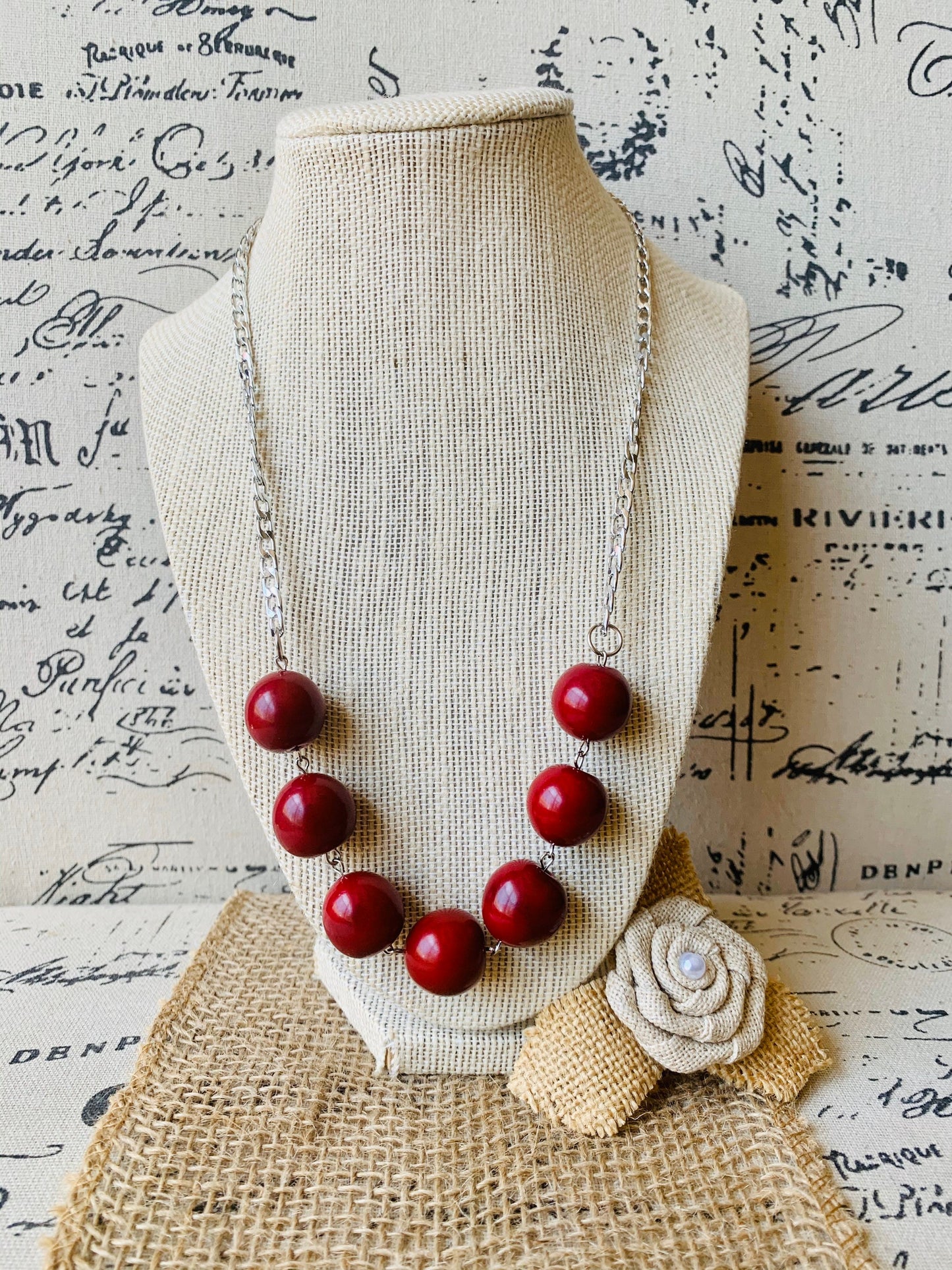 Maroon beaded necklace with silver chain Tagua jewelry Statement handmade necklace Wearable art Bubblegum beads necklace Cruise wear