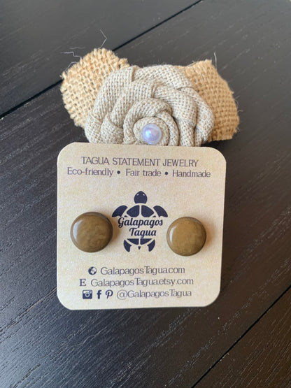 Olive green stud earrings Round beaded earrings Tagua jewelry Geometric post Fall fashion trend Art to wear Cute button earrings