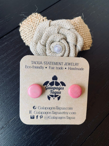 Pink stud earrings Tagua jewelry Round beaded earrings Geometric post Fall fashion 2025s Easter basket Artsy gifts Cute button earrings