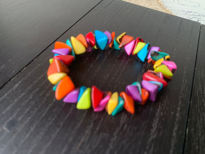 Rainbow beaded bracelet Tagua nut jewelry Pride bangle Artsy gifts Fun unusual bracelet Art to wear Stocking stuffers