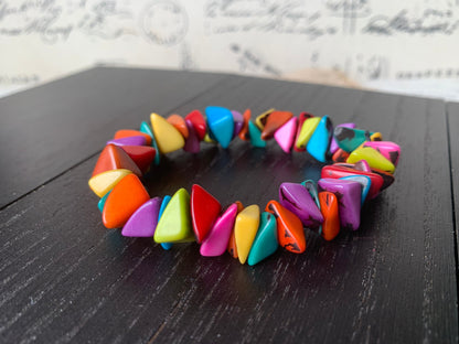 Rainbow beaded bracelet Tagua nut jewelry Pride bangle Artsy gifts Fun unusual bracelet Art to wear Stocking stuffers