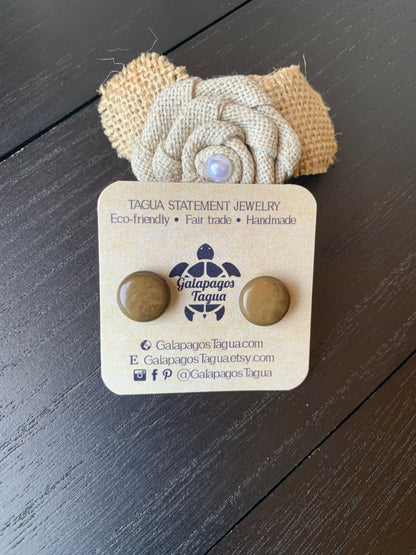 Olive green stud earrings Round beaded earrings Tagua jewelry Geometric post Fall fashion trend Art to wear Cute button earrings