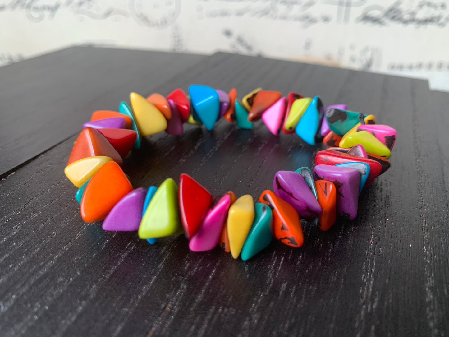 Rainbow beaded bracelet Tagua nut jewelry Pride bangle Artsy gifts Fun unusual bracelet Art to wear Stocking stuffers