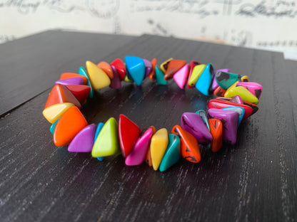 Rainbow beaded bracelet Tagua nut jewelry Pride bangle Artsy gifts Fun unusual bracelet Art to wear Stocking stuffers