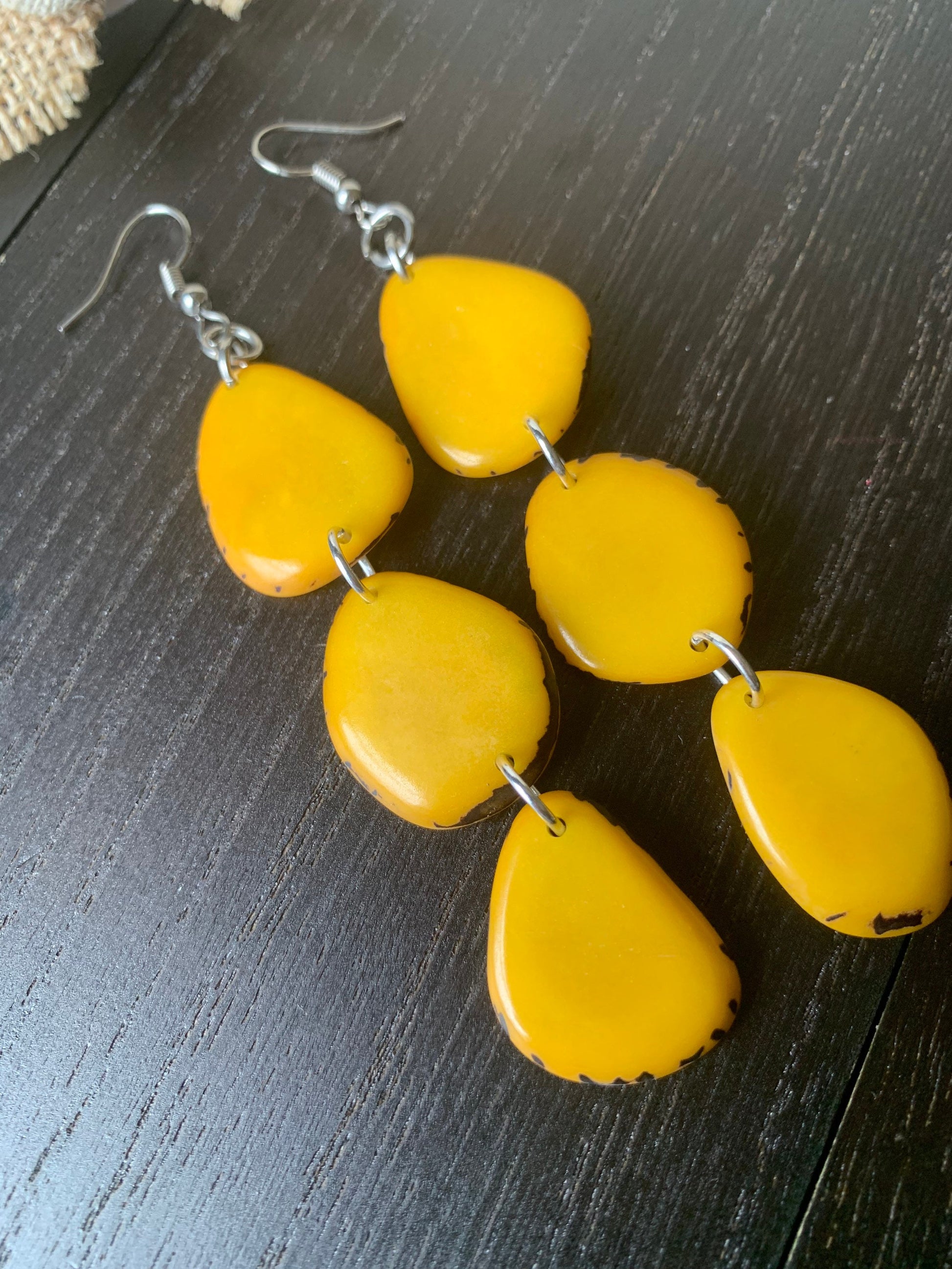 Long Yellow Tagua Nut Dangle Earrings: Boho Beaded Jewelry, Fall fashion