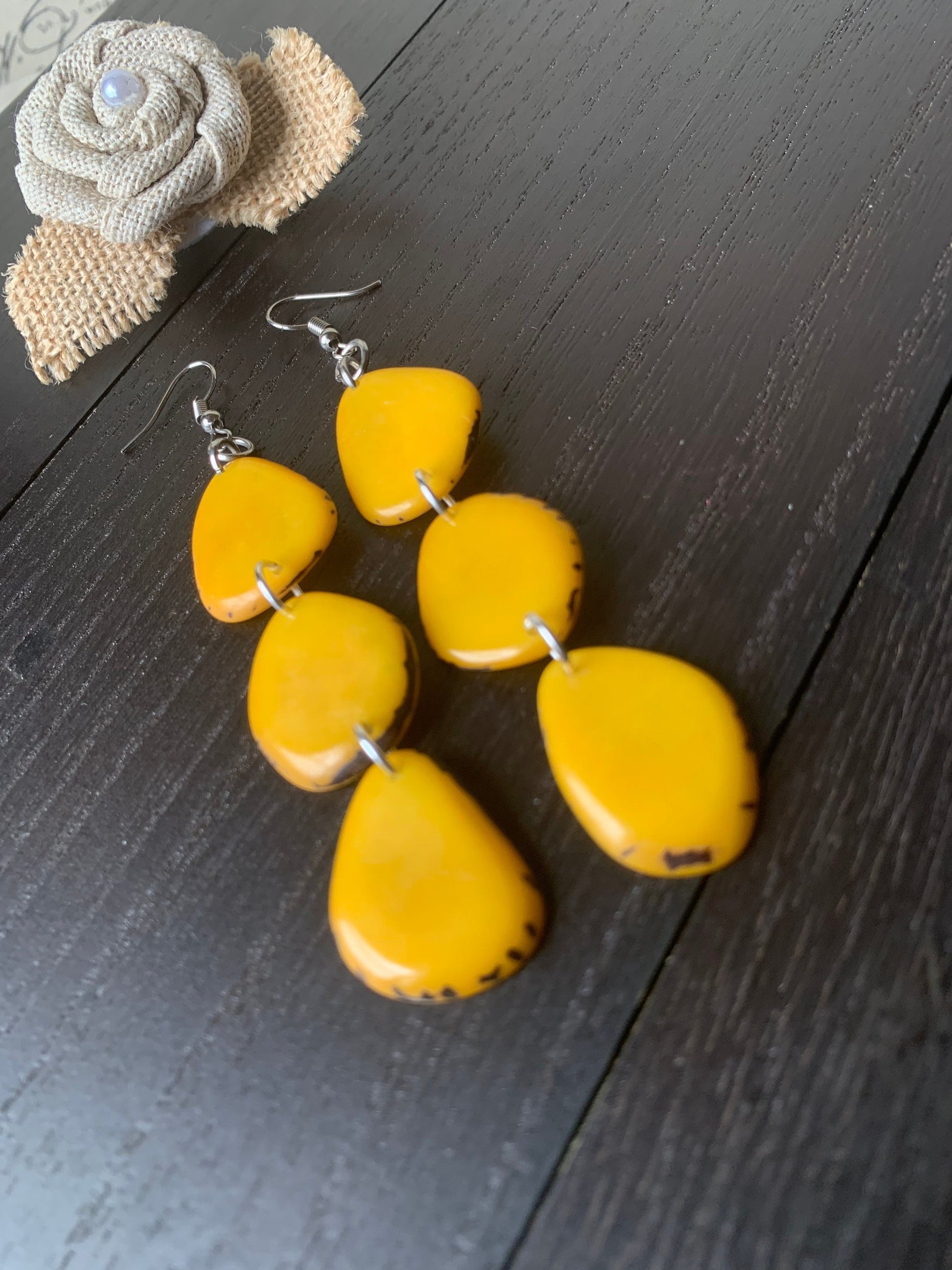Long Yellow Tagua Nut Dangle Earrings: Boho Beaded Jewelry, Fall fashion