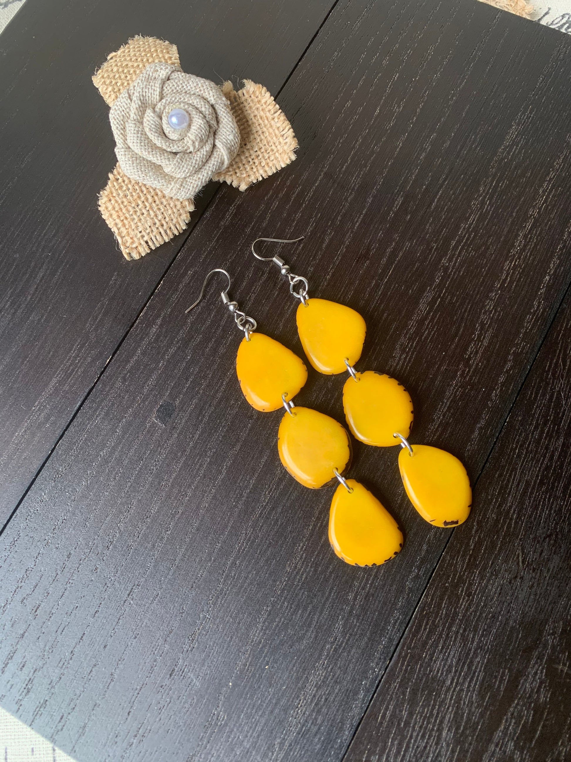 Long Yellow Tagua Nut Dangle Earrings: Boho Beaded Jewelry, Fall fashion