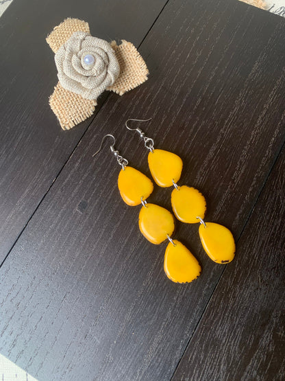 Long Yellow Tagua Nut Dangle Earrings: Boho Beaded Jewelry, Fall fashion