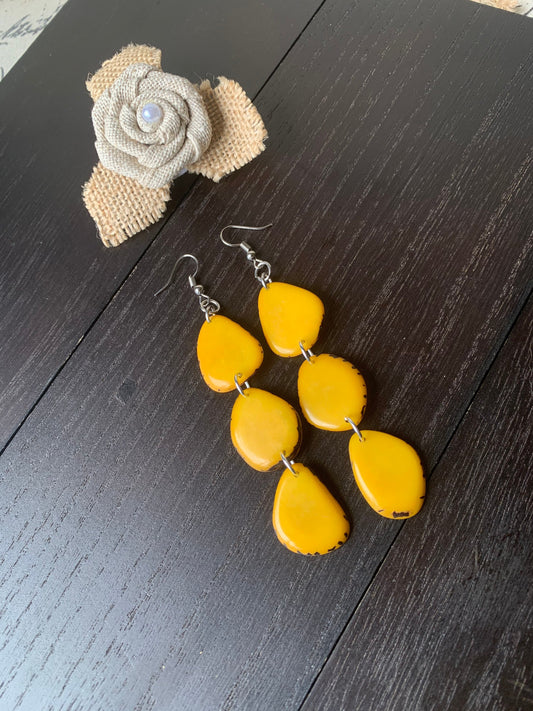 Long Yellow Tagua Nut Dangle Earrings: Boho Beaded Jewelry, Fall fashion
