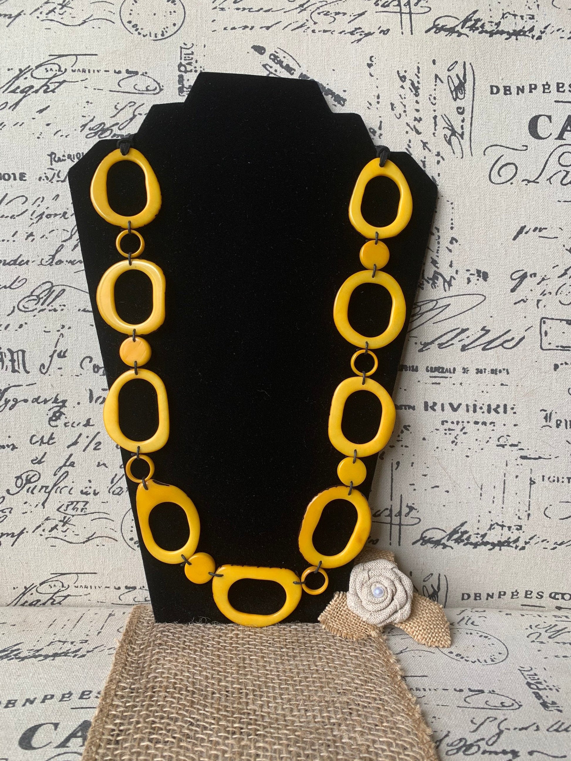 Yellow statement necklace Adjustable cord Tagua nut jewelry Fall fashions 2025 Wearable art Beaded necklaces handmade Handmade beads