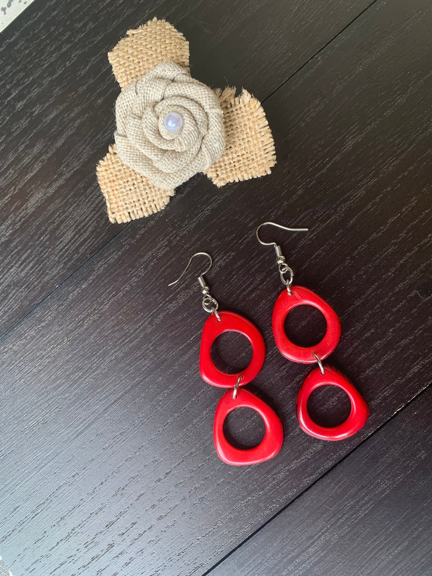 Red Tagua Nut Dangle Earrings: Handmade Organic Jewelry