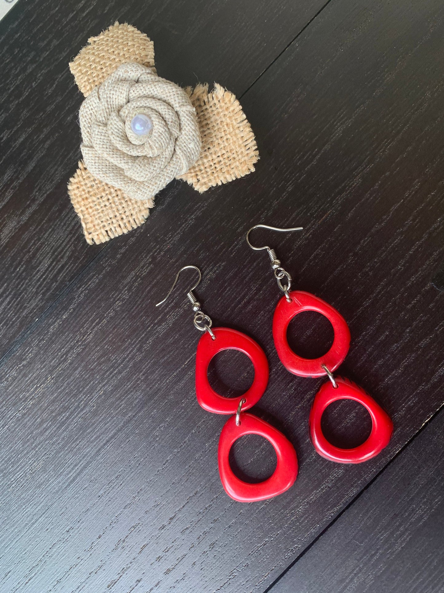 Red Tagua Nut Dangle Earrings: Handmade Organic Jewelry
