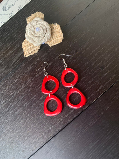 Red Tagua Nut Dangle Earrings: Handmade Organic Jewelry