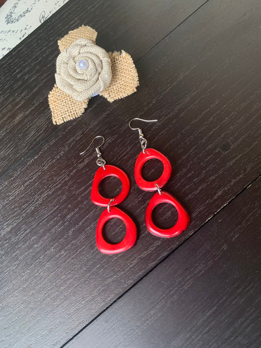 Red Tagua Nut Dangle Earrings: Handmade Organic Jewelry