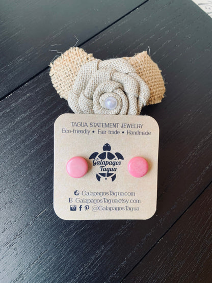 Pink stud earrings Tagua jewelry Round beaded earrings Geometric post Fall fashion 2025s Easter basket Artsy gifts Cute button earrings