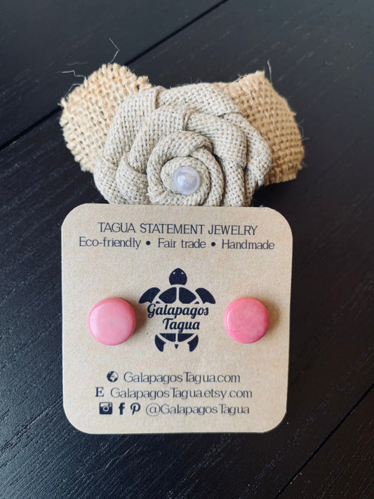 Pink stud earrings Tagua jewelry Round beaded earrings Geometric post Fall fashion 2025s Easter basket Artsy gifts Cute button earrings