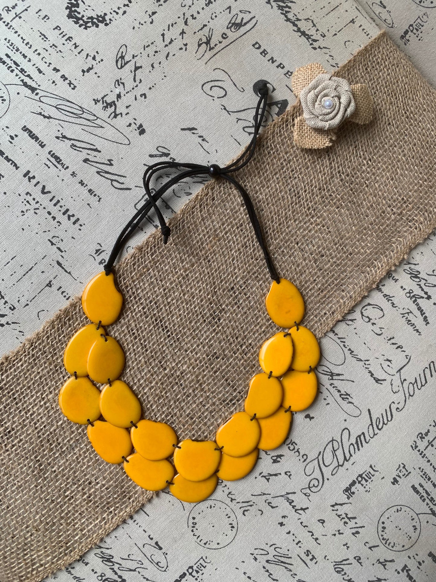Yellow statement necklace Tagua jewelry Big bold necklace Double layer necklace Adjustable cord Holiday fashion 2025 Wearable art