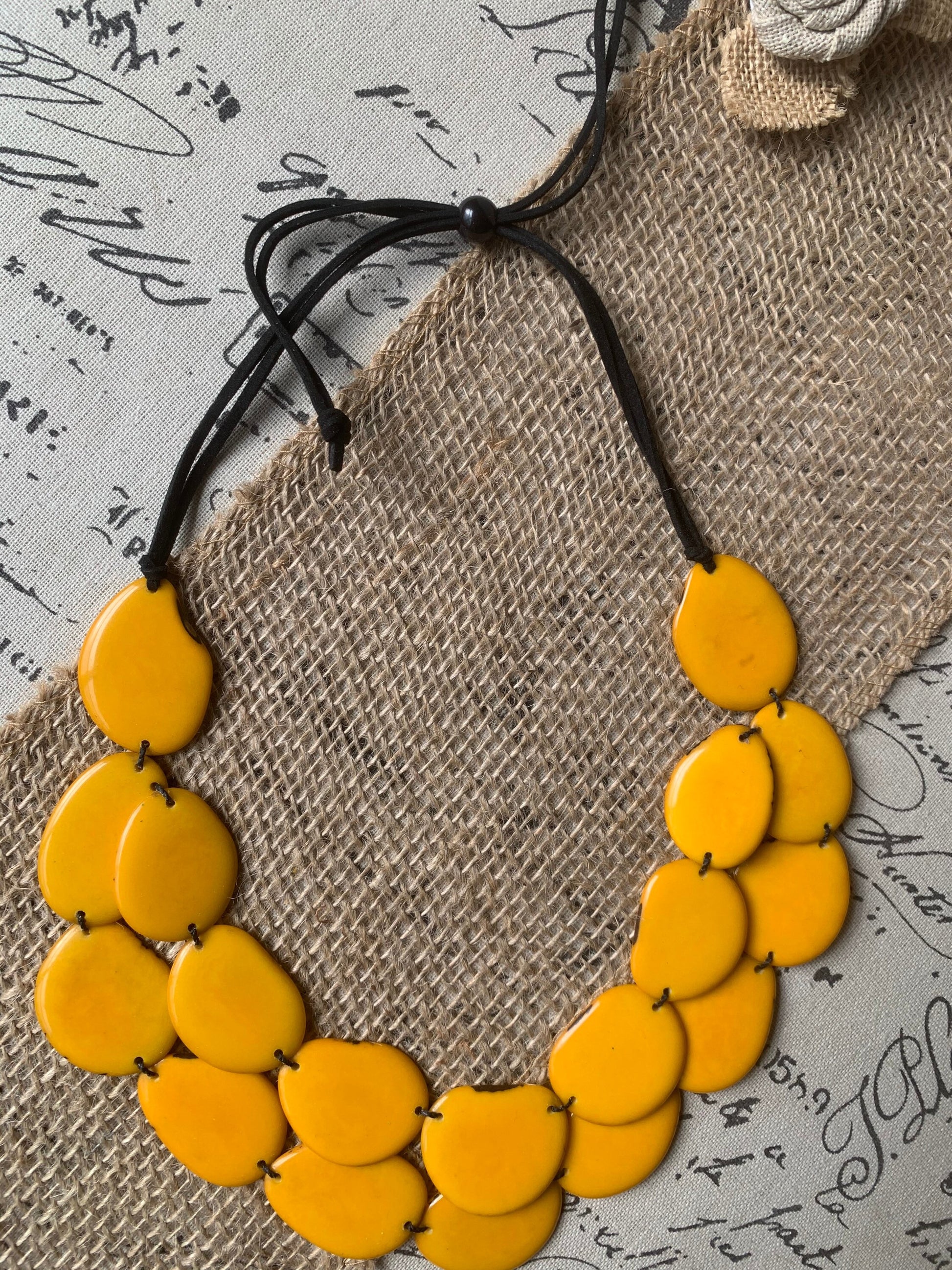 Yellow statement necklace Tagua jewelry Big bold necklace Double layer necklace Adjustable cord Fall fashion 2025s Wearable art Lightweight