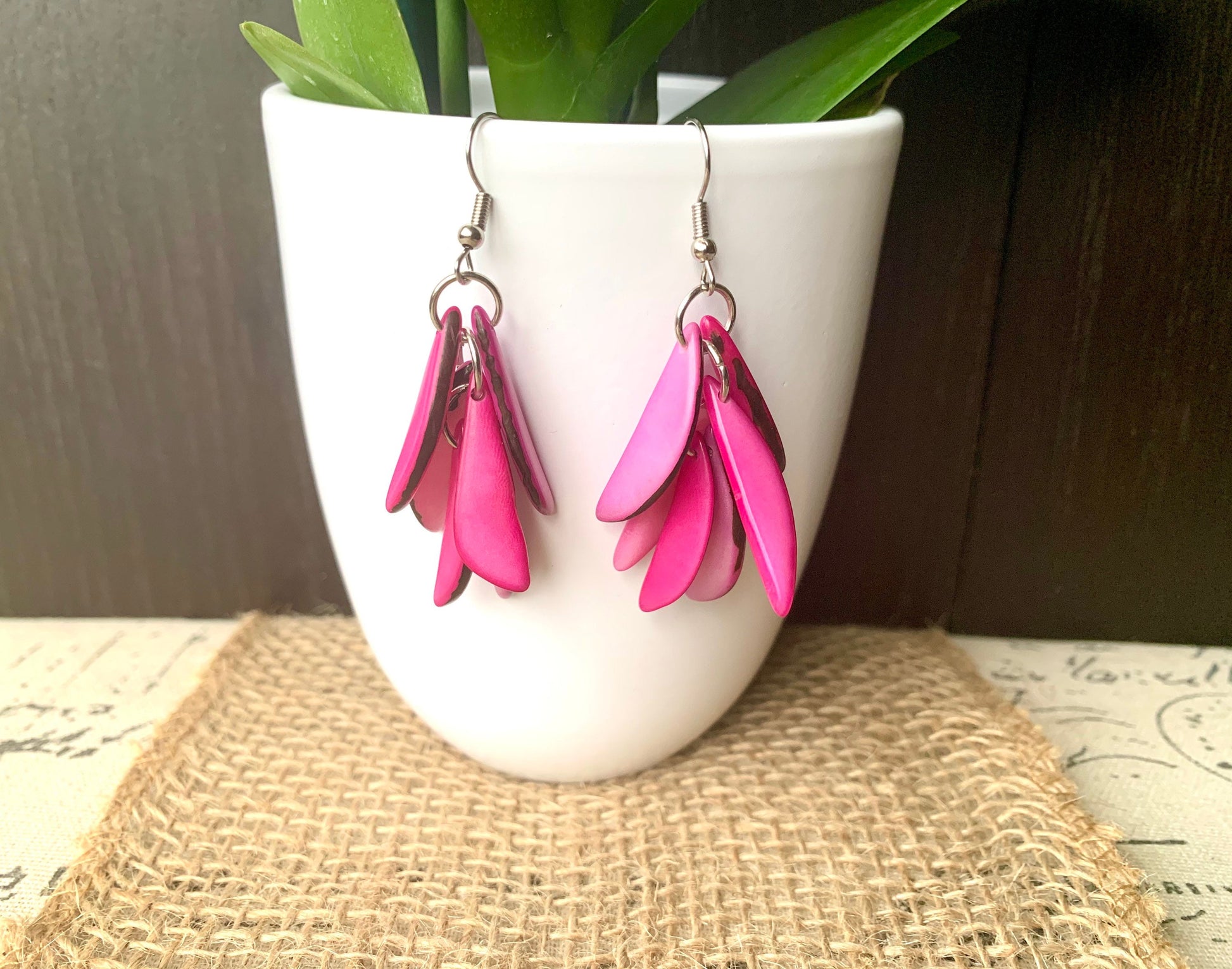 Pink statement dangle earrings Extra chunky tagua earrings beaded Fall fashion jewelry Casual trendy drops Boho mod style Artisan handmade