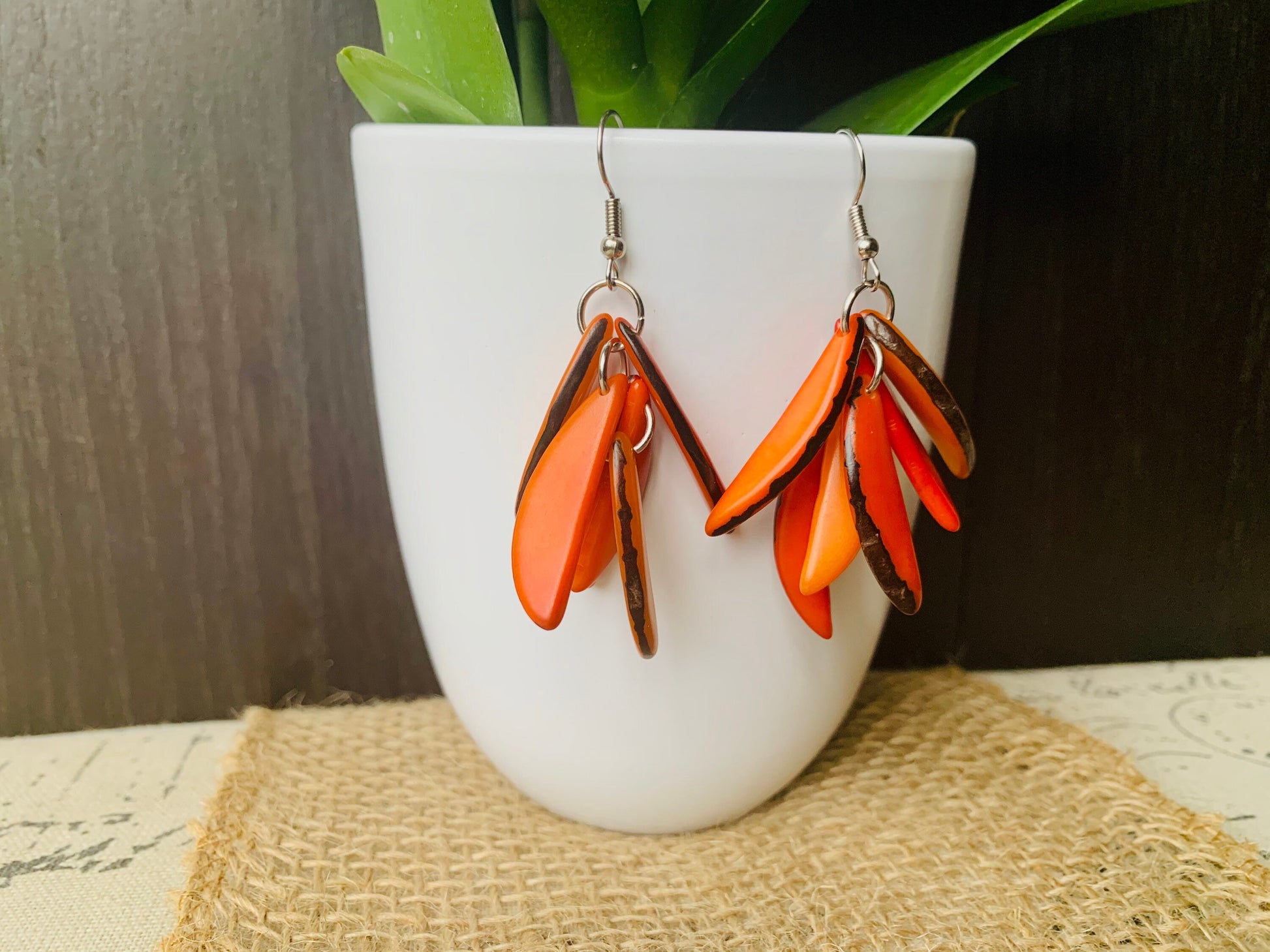 Orange extra chunky earrings Statement fashion tagua earrings Wearable art Casual dangle drops Boho mod style Artisan handmade Artsy gifts