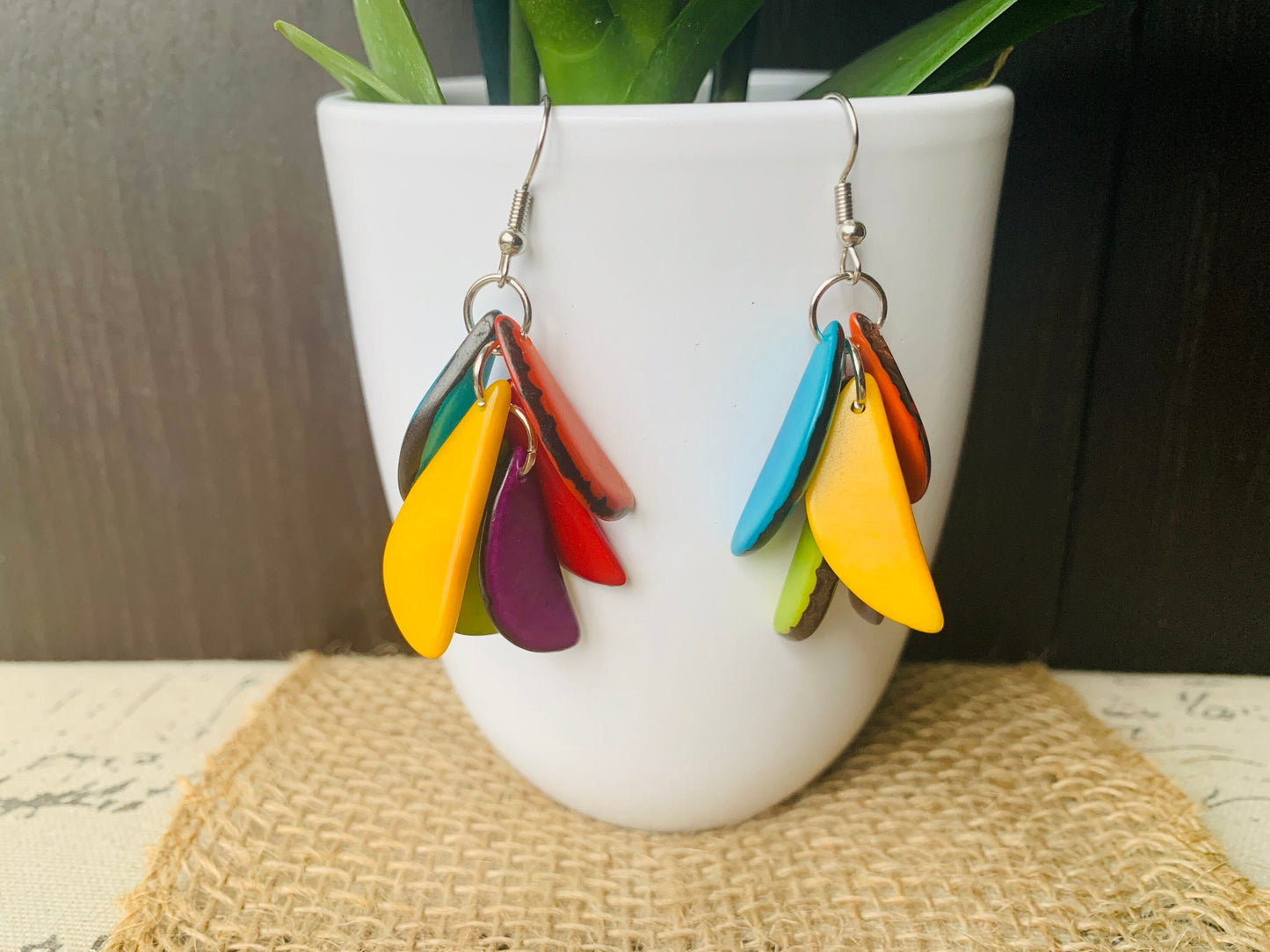 Rainbow Tagua Nut Dangle Earrings, Colorful Boho Fashion, Hypoallergenic Drop Earrings