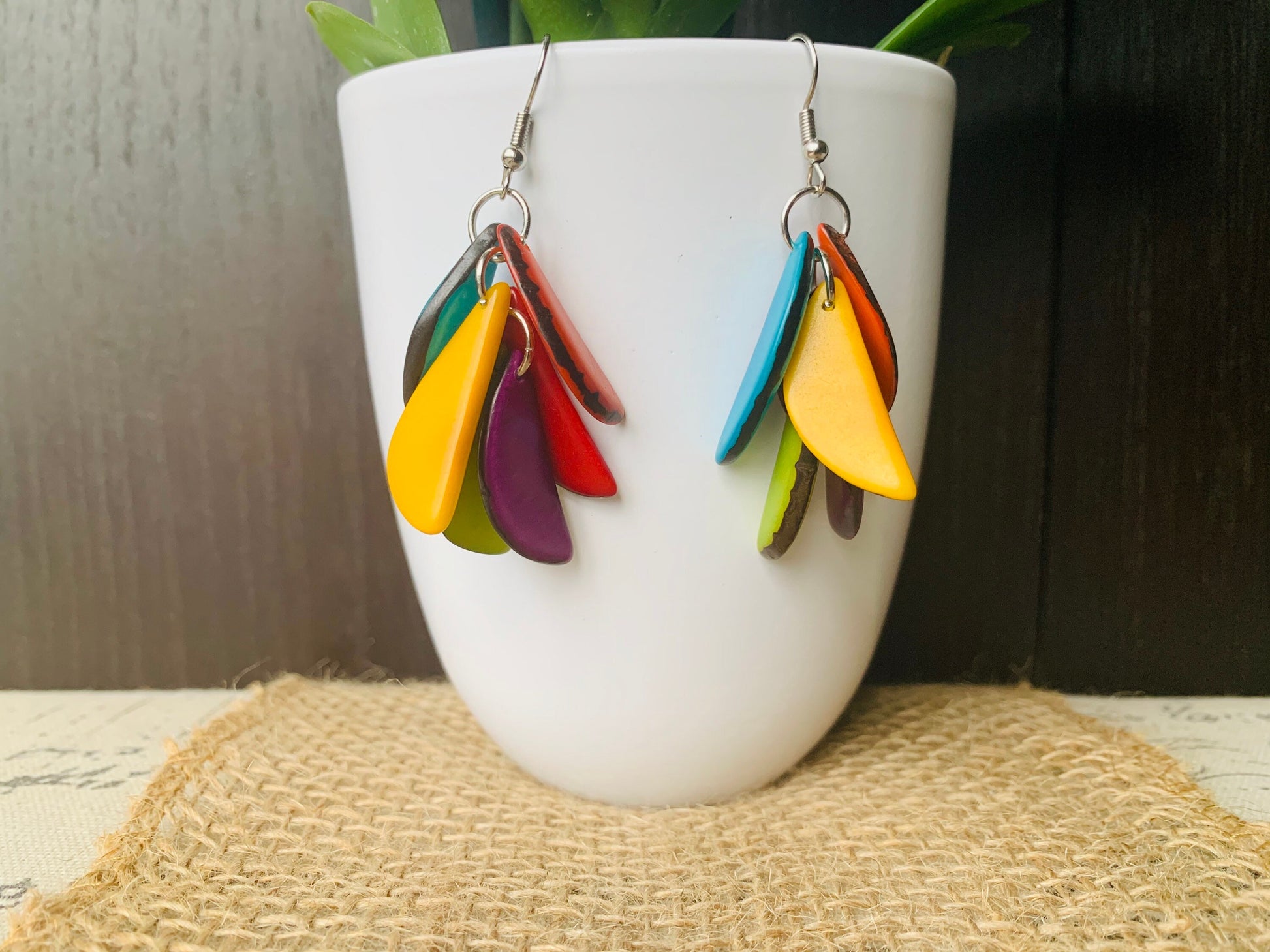 Rainbow Tagua Nut Dangle Earrings, Colorful Boho Fashion, Hypoallergenic Drop Earrings