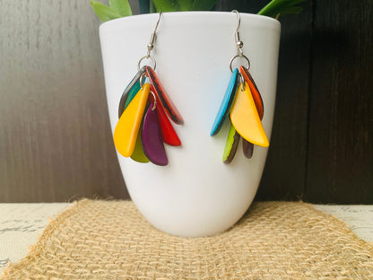 Rainbow Tagua Nut Dangle Earrings, Colorful Boho Fashion, Hypoallergenic Drop Earrings