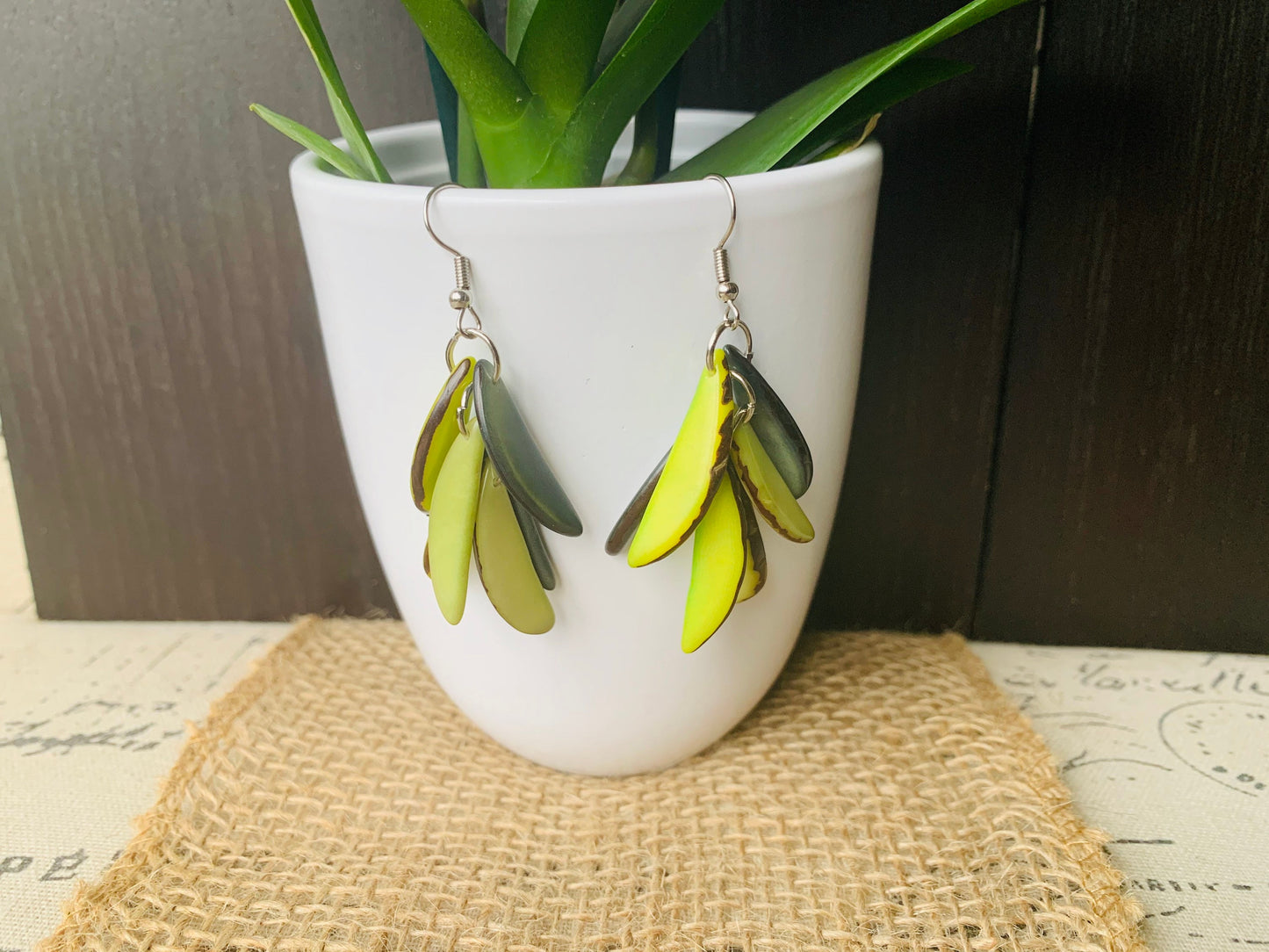 Green statement drop earrings Big chunky earrings Tagua nut earrings Fashion jewelry Casual trendy drops Wearable art Leaf earrings