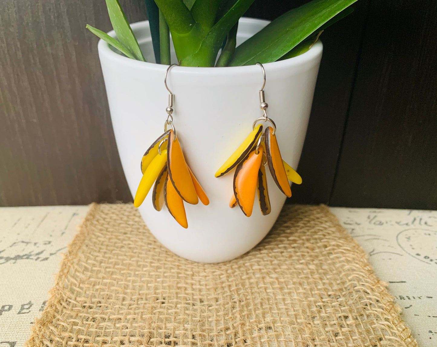 Yellow bold statement dangle earrings Extra chunky fashion tagua earrings Fall trendy jewelry Casual drops Boho mod style Artisan handmade