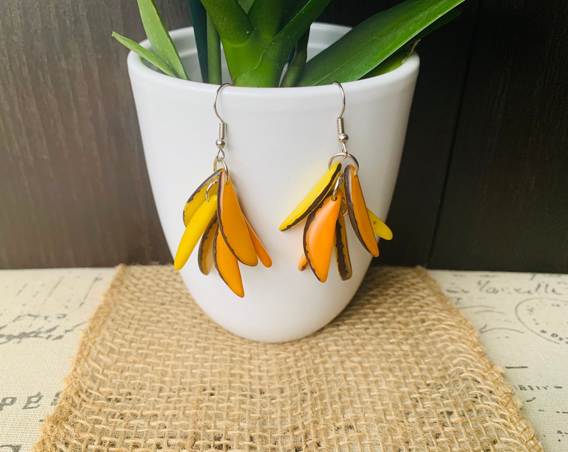 Yellow bold statement dangle earrings Extra chunky fashion tagua earrings Fall trendy jewelry Casual drops Boho mod style Artisan handmade