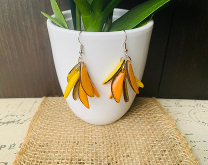 Yellow bold statement dangle earrings Extra chunky fashion tagua earrings Fall trendy jewelry Casual drops Boho mod style Artisan handmade