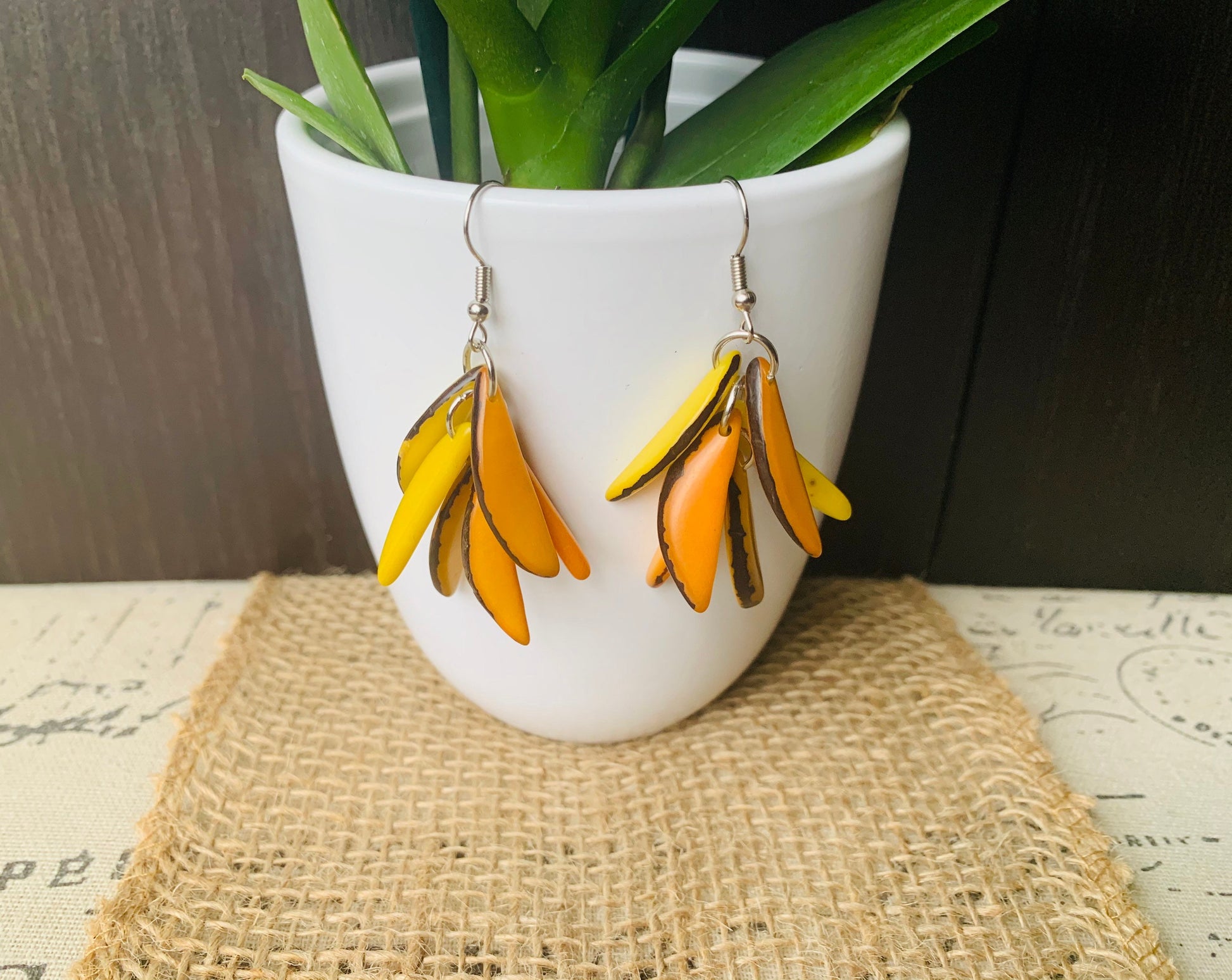 Yellow bold statement dangle earrings Extra chunky fashion tagua earrings Fall trendy jewelry Casual drops Boho mod style Artisan handmade