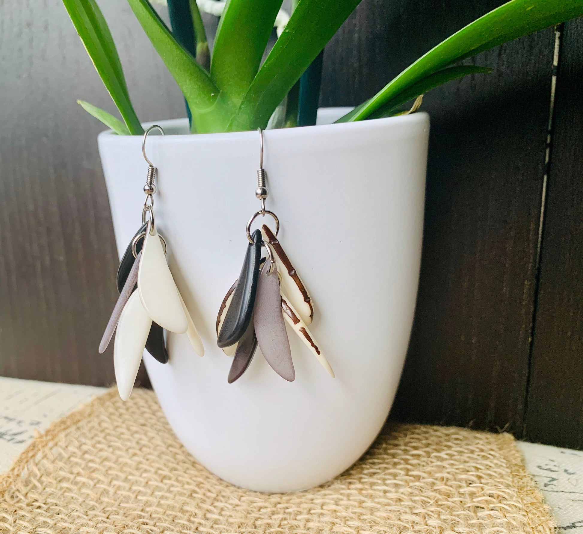 Black white and gray fashion earrings Extra chunky tagua earrings beaded Fall fashion trends Wearable art Dangle and drop earrings